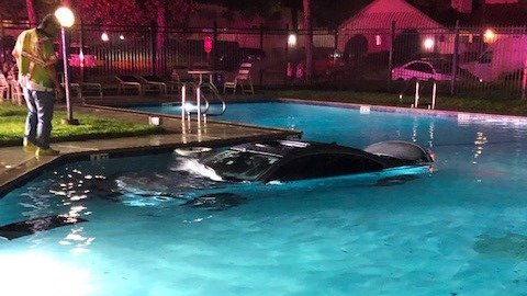 This Mazda sedan was found sinking into a pool in Harris County, just a few blocks east Highway 6. The driver appeared uninjured and fled the scene according to witnesses.